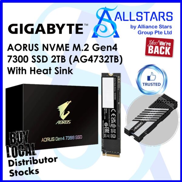 Gigabyte AORUS Gen4 7300 SSD 2TB PCI-E Gen4x4 NVME M.2 SSD with heatsink (up to read 7300mb/s, write:6850MB/s) – AG4732TB