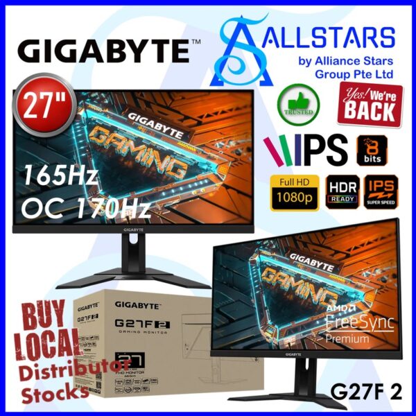 Gigabyte G27F 2 27 inch Gaming Monitor / SS IPS, 165Hz/OC 170Hz, 1ms MPRT, Height Adjustable 130mm
