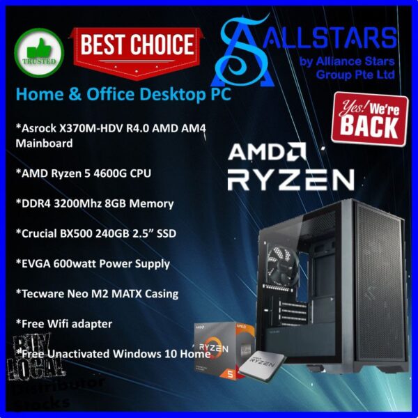 ALLSTARS – HOME and OFFICE Desktop PC – Asrock X370M HDV R4.0 / AMD Ryzen 5 4600G / DDR4 8GB Ram / 240GB SSD