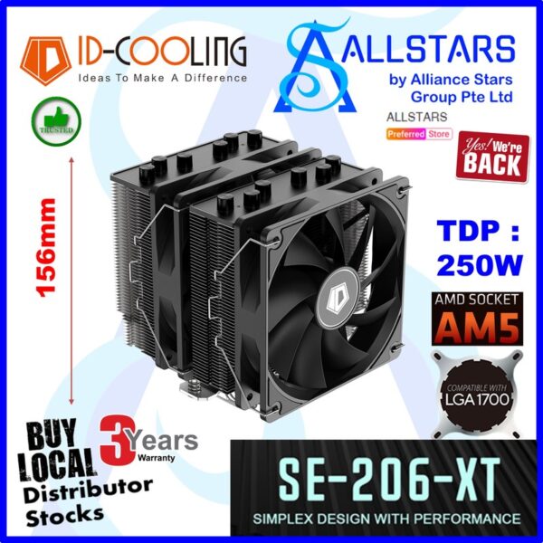 ID-Cooling SE-206-XT Black CPU Cooler (AMD / Intel / TDP 250W) / 2x120mm PWM Fan – ID-CPU-SE-206-XT