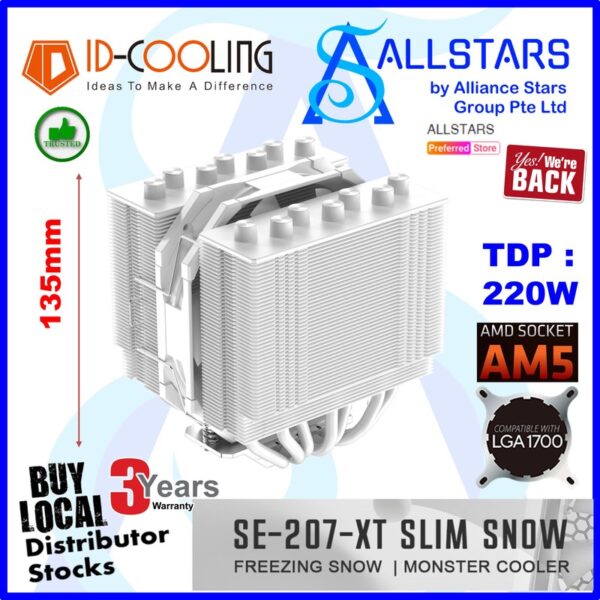 ID-Cooling SE-207-XT Slim Snow LGA1700/1200/AM4 Cooler / TDP 220W – Snow (White)  : ID-CPU-SE-207-XT-SLIM-SNOW
