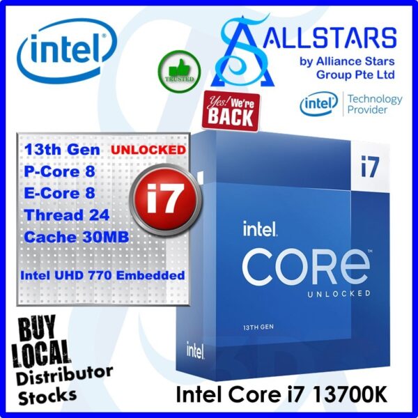 Intel Core i7 13700K LGA1700 Box Processor / 13Gen / P-Core 8, E-core 8, Thread 24, Cache 30MB, P-core Base Clock 3.4GHz, Max Turbo 5.3GHz, Intel UHD 700 Graphics Embedded) / No Cooler (Warranty 3years with Intel SG)