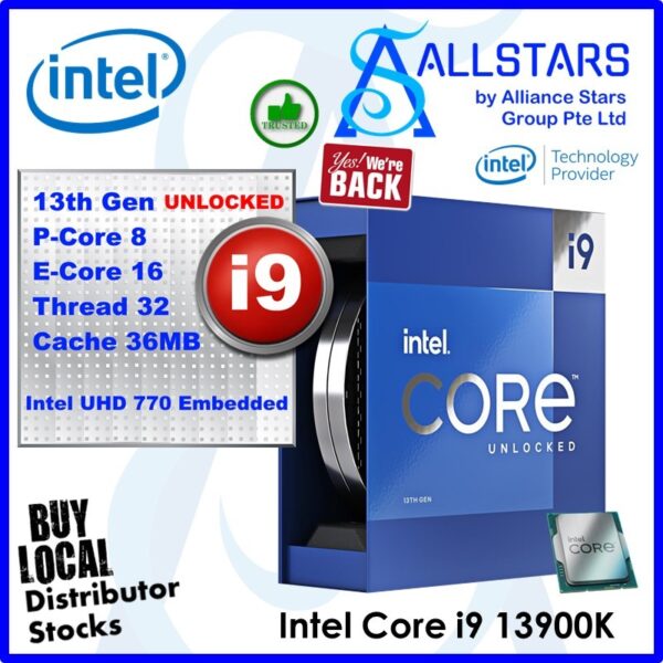 Intel Core i9 13900K LGA1700 Box Processor / 13Gen (P-Core 8, E-core 16, Thread 32, Cache 36MB, P-core Base Clock 3GHz, Max Turbo 5.4GHz, Intel UHD 770 Graphics Embedded) / No Cooler