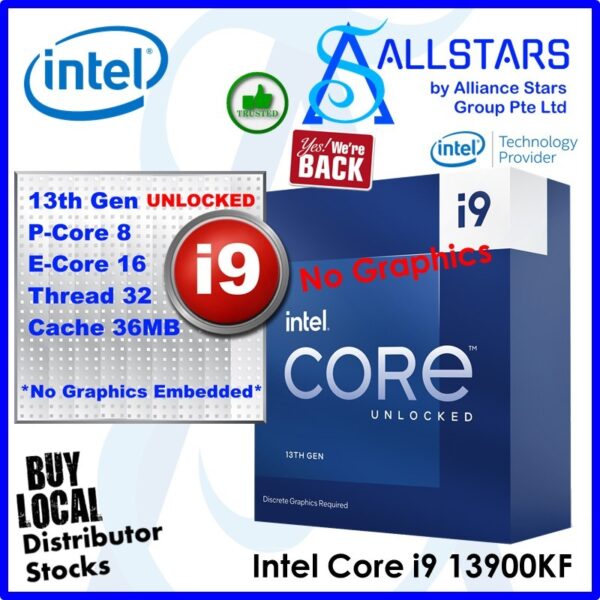 Intel Core i9 13900KF LGA1700 Box Processor / 13Gen / P-Core 8, E-core 16, Thread 36, Cache 36MB, P-core Base Clock 3GHz, Max Turbo 5.4GHz) / No Cooler (Warranty 3years with Intel SG)