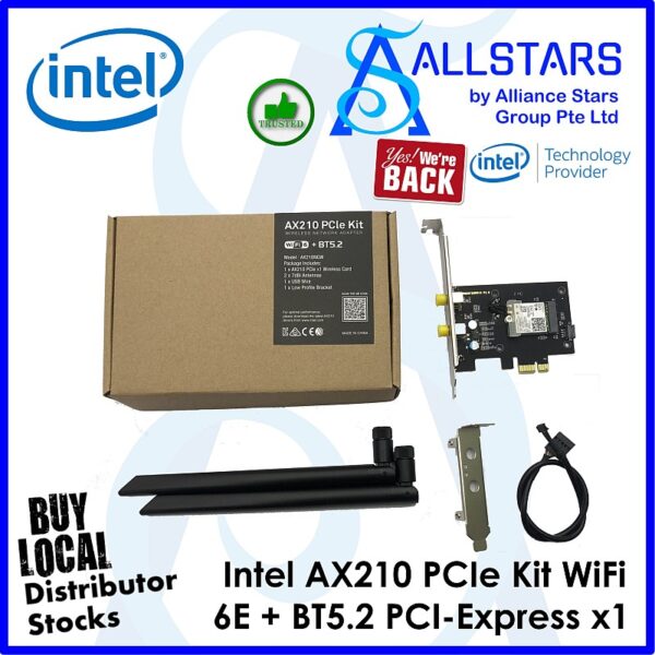 Intel AX210 PCIe Kit WiFi 6E + BT5.2 PCI-Express x1 / compatible for all mainboard (Warranty 1year with TechDynamic)