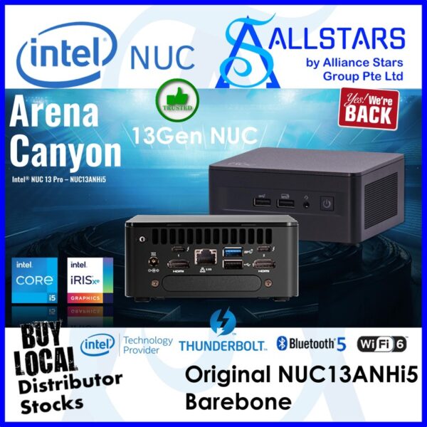 Intel NUC 13 Pro Kit NUC13ANHi5 / NUC13ANHi5000 Mini PC Barebone (Intel Core i5 1340P, 2x HDMI 2.1 TMDS Compatible, 2x DP 1.4a via Type C, 3x USB 3.2 Type-A, 1x USB 2.0, 1x 3.5mm Audio Jack, Intel® Wi-Fi 6E AX211 + Bluetooth 5.3, 1x 2.5Gb LAN)