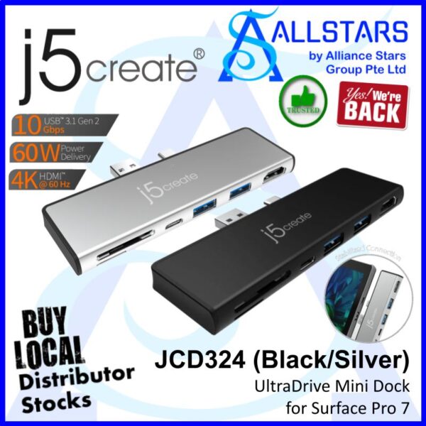 J5CREATE JCD324S Silver UltraDrive MiniDock for Surface Pro 7 (4K HDMI + USB3.1 Gen2 Type-C x1 with PD60W, Type-A x2 + Card Reader) (Warranty 2years with DigitalHUB)