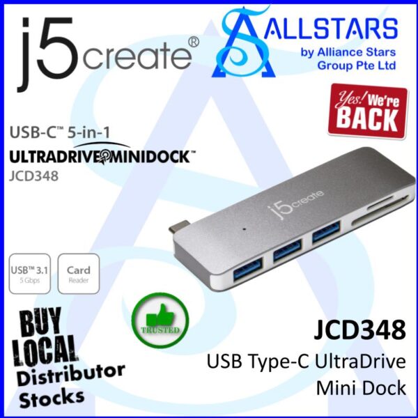 J5Create JCD348 USB Type-C UltraDrive Mini Dock (5-in-1 / USB3.0 x3 + SD+MicroSD Reader/Writer) (Warranty 2years with Local Distributor Digital HUB)