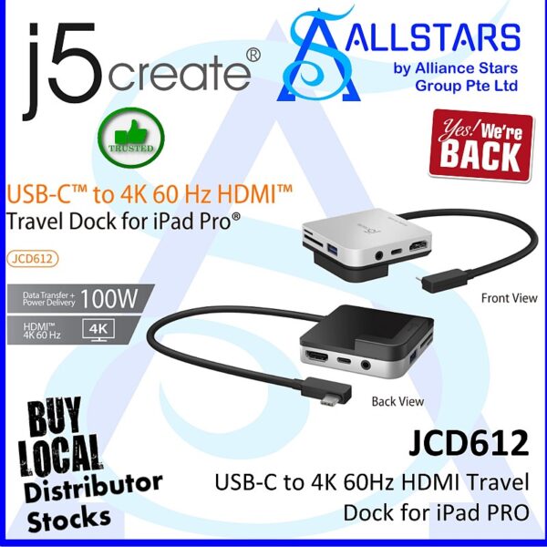 J5Create JCD612 USB-C to 4K 60Hz HDMI Travel Dock for iPad PRO (4K HDMI + USB3.1 Type C with PD 100W + Type-A / Card Reader + Combo Mic/Speaker Jack) (Warranty 2years with DigitalHUB)