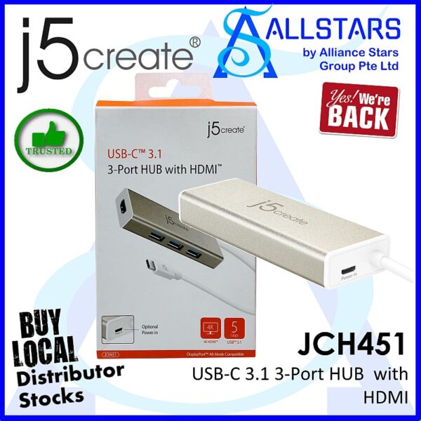 J5Create JCH451 USB3.1 Type-C 3port HUB with HDMI (3port USB3.0 Type A / HDMI 3840×2160 @ 30Hz) (Local Warranty 2years with DigitalHUB)
