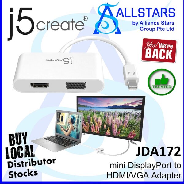 J5Create JDA172 mini DisplayPort to HDMI/VGA Adapter (Warranty 2years with Local Distributor Digital HUB)