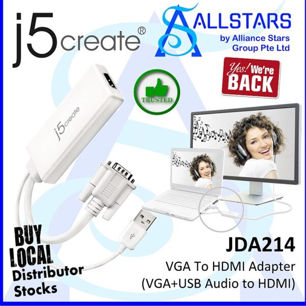 J5Create JDA214 VGA To HDMI Adapter (VGA+USB Audio to HDMI) (Warranty 2years with Local Distributor Digital HUB)