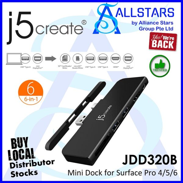 J5Create JDD320B Black UltraDrive Mini Dock for Surface Pro 4 / 5 / 6 (4K HDMI + USB3.1 Type Ax2 + Card Reader) (Warranty 2years with DigitalHUB)