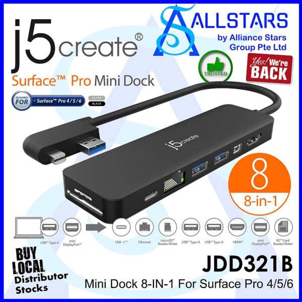 J5CREATE JDD321B Black 8-in-1 Mini Dock for Surface PRO (4K HDMI + GBE LAN + USB3.1 Type Cx1, Type Ax2 + Card Reader) (Made for Surface Pro 4/5/6) (Warranty 2years with DigitalHUB)