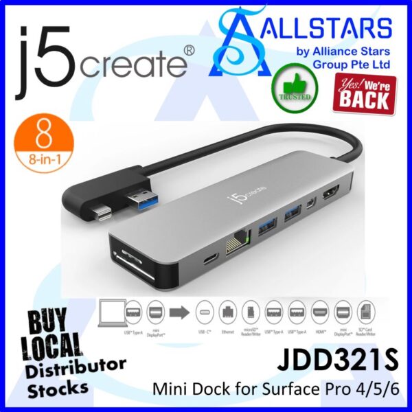 J5CREATE JDD321S Silver 8-in-1 Mini Dock for Surface PRO (4K HDMI + GBE LAN + USB3.1 Type Cx1, Type Ax2 + Card Reader) (Made for Surface Pro 4/5/6) (Warranty 2years with DigitalHUB)