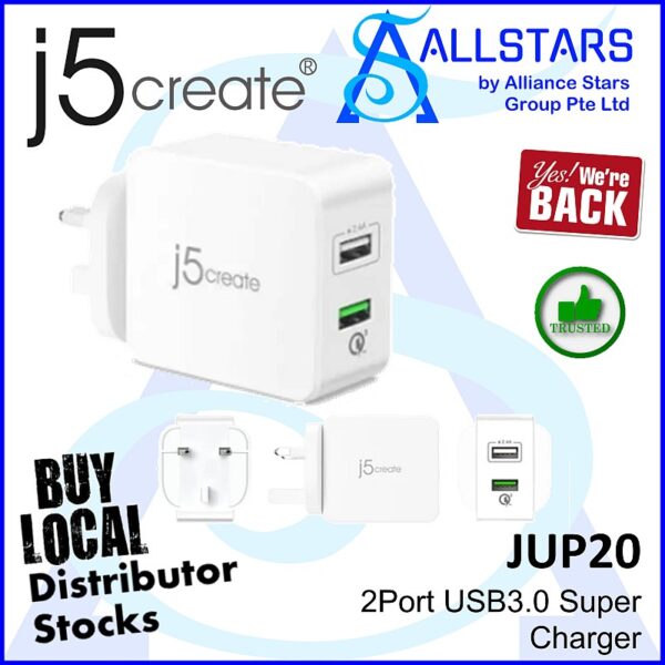 J5Create JUP20 2Port USB3.0 Super Charger / 30W / QC3.0 + 2.4A Fast Charging (Qualcomm Quick Charge 3.0) (Warranty 3years with Local Distributor Digital HUB)