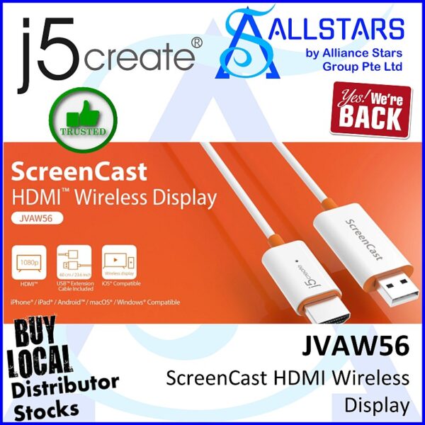J5CREATE JVAW56 ScreenCast HDMI Wireless Display (2.4G/5G connection / Windows / MacOS / Android / iOS) (Warranty 2years with Digital HUB)