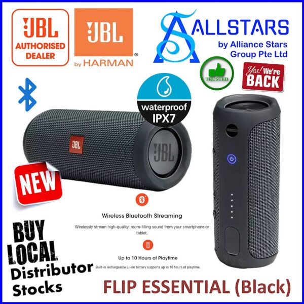 JBL Flip Essential (Black) Wireless Bluetooth Portable Speaker – Black : JBLFLIPESSENTIAL (Warranty 1year with IMS) (Bundle gift Tune 225TWS *While stocks last*)
