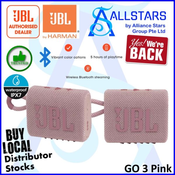 JBL Go 3 Portable Bluetooth Speaker / BT V5.1 – Pink : JBLGO3PINK