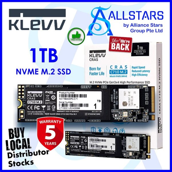 KLEVV CRAS C710 1TB M.2 NVME SSD / PCIe Gen3x4 High Performance SSD – K01TBM2SP0-C71 (Warranty 5years with TechDynamic)