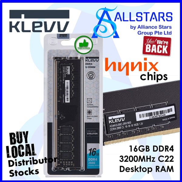 KLEVV 16GB DDR4 3200MHz CL22 Performance UDIMM Desktop RAM – KD4AGUA8A-32N220A