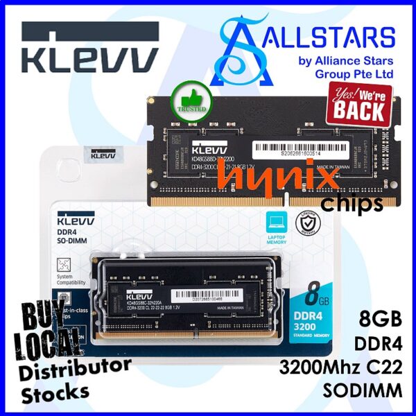 KLEVV 8GB DDR4 3200MHz CL22 Performance UDIMM Desktop RAM – KD48GU88D-32N220A/KD48GU881-32N220A