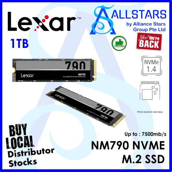 LEXAR NM790 1TB PCIe Gen4x4 NVME M.2 SSD / read up to 7400MB/s, write up to 6500MB/s, TBW : 1000TBW – LNM790X001T-RNNNG