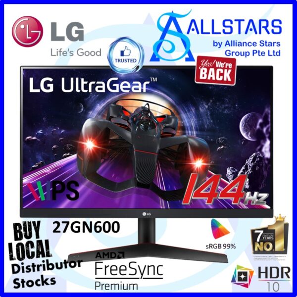 LG 27GN600 / 27GN600-B 27 inch UltraGear FHD IPS Gaming Monitor with AMD FreeSync Premium / 144Hz IPS, HDR10, Color Calibrated, 8bits Color, sRGB 99%, G-Sync Compatible, DP v1.4×1, HDMI 2.0×2, Headphone Out, VESA Mount Compatible 100x100mm (Warranty 3years on-site by LG SG)
