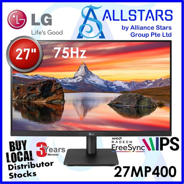 LG 27MP400 27 inch Full HD IPS Monitor with Radeon FreeSync / 75Hz, 5ms GTG, HDMI + VGA / VESA Mount compatible 75x75mm (Warranty 3years on-site with LG Singapore)