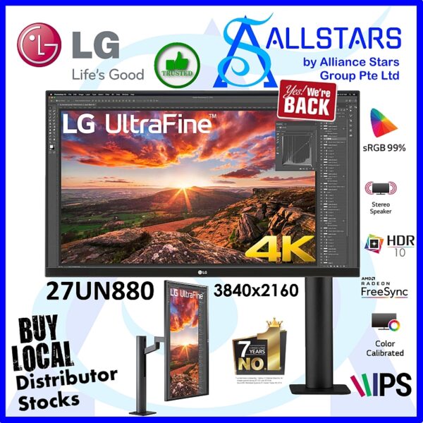 LG 27UN880 / 27UN880-B 27 inch UHD 4K IPS Monitor with Ergo Stand / DP v1.4 x1, HDMI 2.0 x2, Type-Cx1, Headphone Out, Built-In-Speaker, DisplayHDR 400, Extend/Retract, Swivel, Pivot, Tilt, Height Adjustable (Warranty 3years with LG SG)
