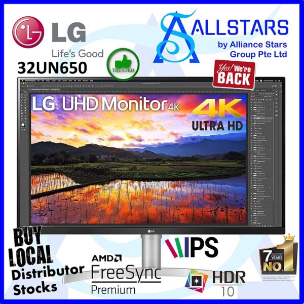 LG 32UN650 / 32UN650-W 31.5 inch UHD 4K (3840×2160) HDR IPS Monitor / HDR10 DCI-P3 95 percent / DP, HDMI x2, Headphone out / Built-In-Speaker / Height Adjustable / VESA Mount compatible 100x100mm (Warranty 3years with LG SG)