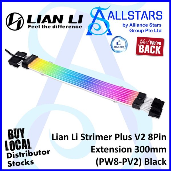 Lian Li Strimer Plus V2 8Pin Extension 300mm / ARGB GPU Extension Cable – Black : PW8-PV2 (Warranty 1year with Corbell)