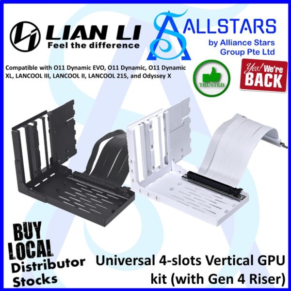Lian Li Universal 4-Slots Vertical GPU Kit (with Gen 4 Riser) / For Full Tower / ATX Mid Tower / 188mm (L) x 120mm (D) x 162 mm (H), Length 200mm – Black : VG4-4X