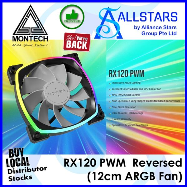 MONTECH RX120 PWM (Black) 120mm ARGB Fan / Reverse Fan Blade