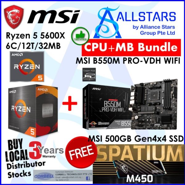 DIY CPU+MB Bundle (FOC — MSI Spatium M450 500GB Gen4x4 NVME M.2 SSD) : AMD Ryzen 5 5600X Box Processor + MSI B550M-PRO-VDH WiFi / B550M PRO VDH WIFI AMD AM4 Mainboard (Warranty 3years for CPU / 3years for Mainboard)