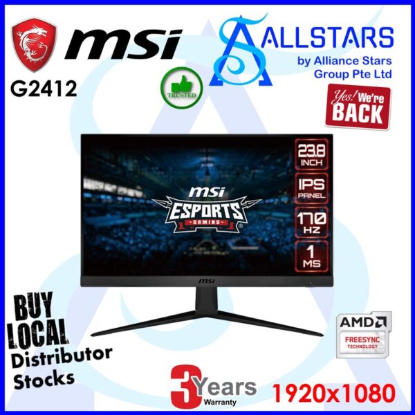 MSI G2412 24 inch Full HD IPS eSports Gaming Monitor / 170Hz via DP, HDMI x2, Audio Out via HDMI, VESA 100x100mm compatible