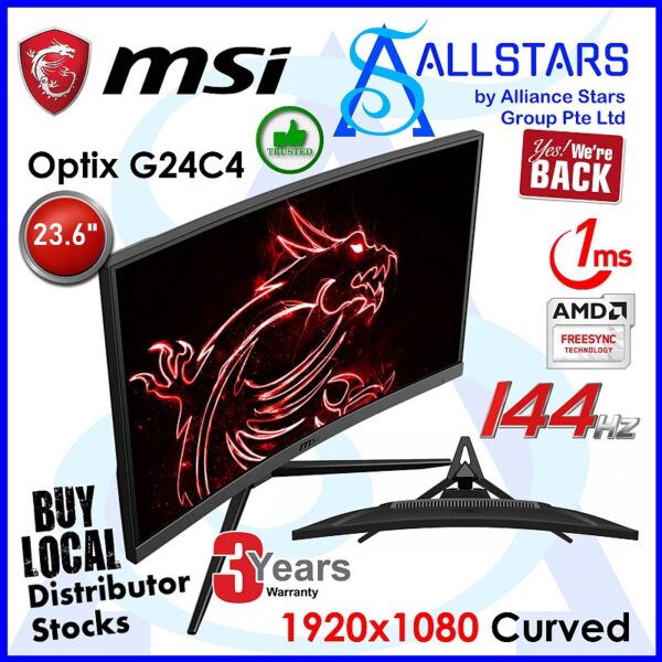 MSI Optix G24C4 23.6inch Curved Full HD Gaming Monitor / 144Hz / 1ms / Adaptive Sync / DP+HDMI (Warranty 3years with Local Distributor)