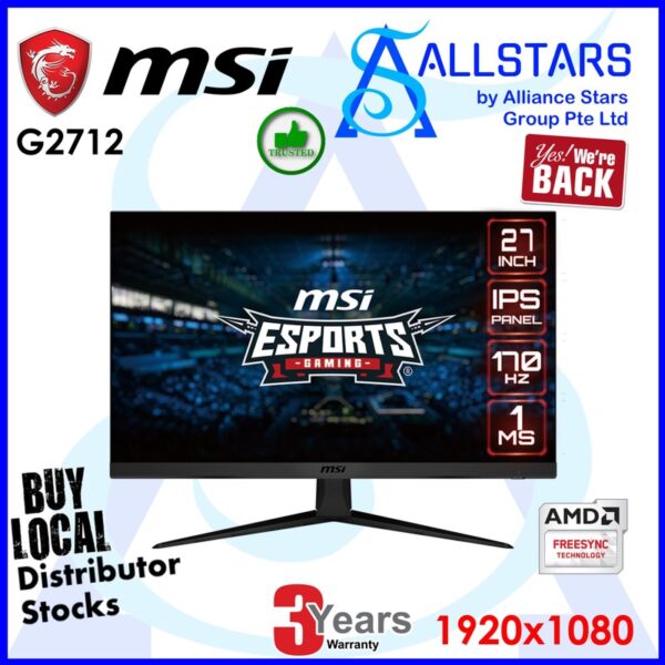 MSI G2712 27 inch Full HD IPS eSports Gaming Monitor / 170Hz via DP, HDMI x2, Audio Out via HDMI, VESA 100x100mm compatible