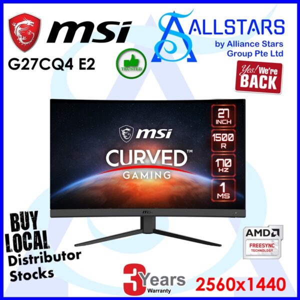 MSI G27CQ4 E2 27 inch WQHD 2K Curved e-Sports Gaming Monitor / 170Hz via DP, VA panel, 1500R, HDMI x2, Audio Out via HDMI, VESA 100x100mm compatible