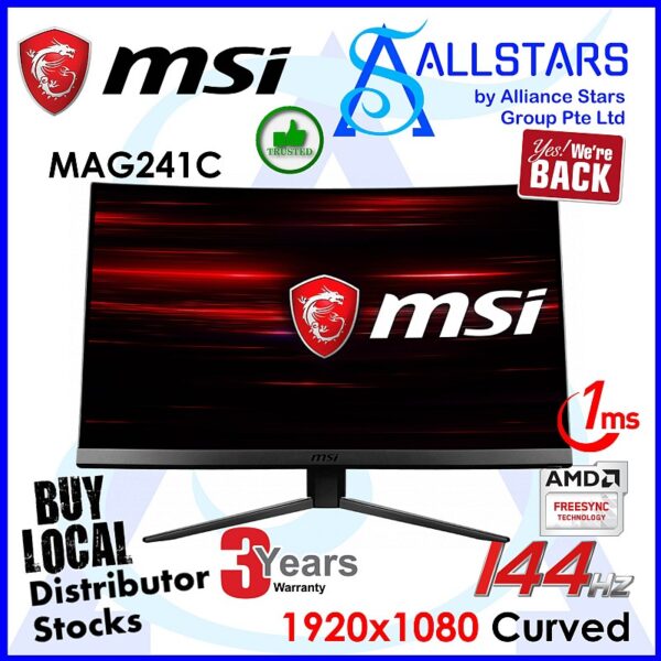 MSI Optix MAG241C 24 inch Curved 1500R / 144Hz / 1ms Full HF Gaming Monitor (Local Warranty on-site 3years with Distributor)