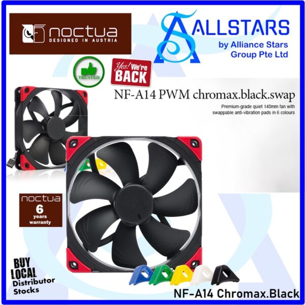NOCTUA NF-A14 PWM Chromax.Black.Swap with Swappable Anti-Vibration Pads in 6 Colours / 140x140x25mm, 4pin PWM – NF-A14 PWM Chromax.Black.Swap