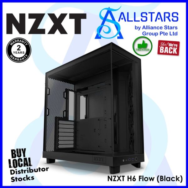 NZXT H6 Flow ATX Tower Chassis with F120Q Airflow (Case Version) x3pcs – Black : CC-H61FB-01