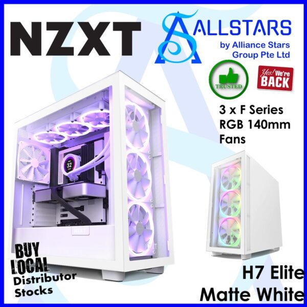 NZXT H7 Elite 2023 (Matte White) Premium Mid-Tower Case / ATX Tower Chassis / F Series RGB 140mm Fans x3 – Matte White : CM-H71EW-02