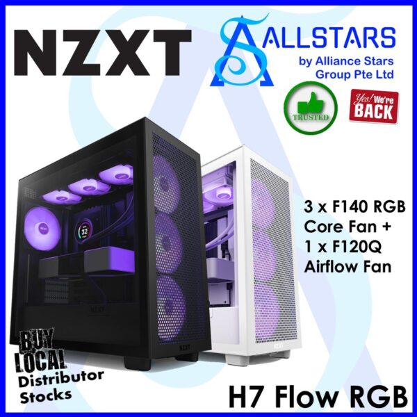 NZXT H7 Flow RGB (Matte Black) ATX Mid-Tower with RGB Fans, ATX Casing, Chassis / F140 RGB Core Fan x3 + F120Q Airflow Fan x1) – Matte Black : CM-H71FB-R1