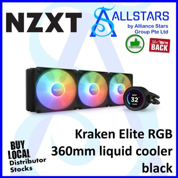 NZXT Kraken ELITE 360 RGB (LCD) / 2.4 inch high res LCD w/NZXT Core RGB Fans – Black : RL-KR36E-B1