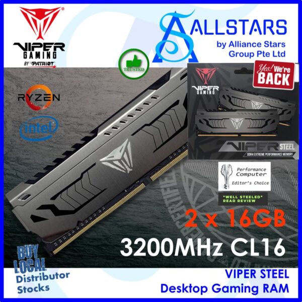 Patriot Viper Steel 32GB (2x16GB) DDR4 3200MHz CL16 Gaming RAM Kit – PVS432G320C6K