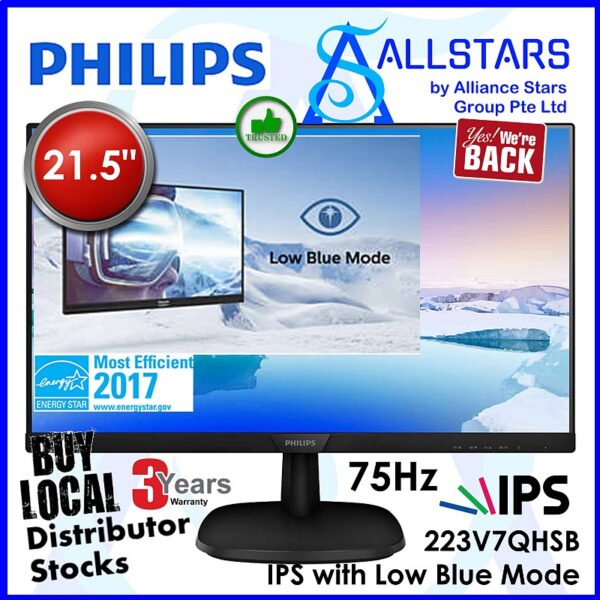 Philips 223V7QHSB 21.5 inch Full HD Monitor / IPS, 75Hz, HDMI + VGA, Headphone out via HDMI, VESA Mount compatible 100x100mm