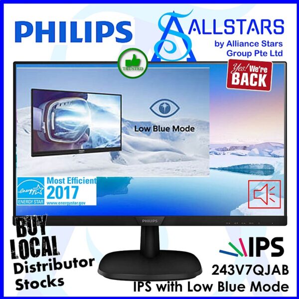 Philips 243V7Q / 243V7QJAB 23.8 inch / 24 inch Class IPS Monitor / HDMI+DP+VGA / Built-In-Speaker (Warranty 3years On-site with Philips SG)