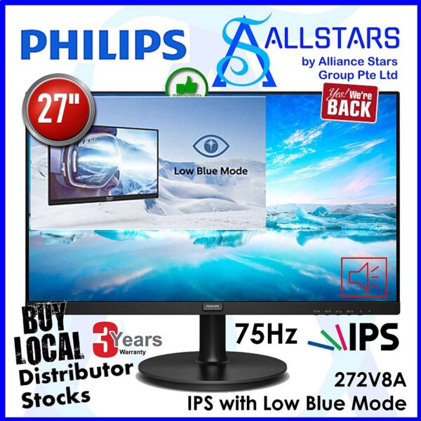 Philips 272V8A / 272V8A/69 27 inch Full HD IPS Monitor / DP + HDMI + VGA / Built-In-Speaker (Warranty 3years on-site with Philips SG)