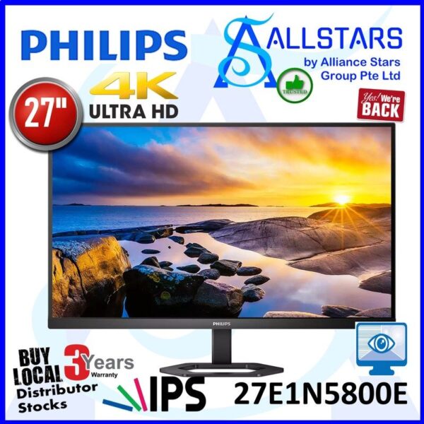 Philips 27E1N5800E 27 inch 4K UHD monitor / IPS 4K 3840×2160, 4ms GTG, HDMI 2.0 x 2, DisplayPort 1.2 x 1, Headphone out via HDMI, PIP/PBP mode, height adjustable 130mm, pivotable, VESA Mount compatible 100x100mm